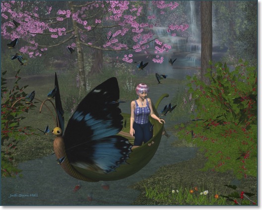 Cynthia riding in a fairy boat