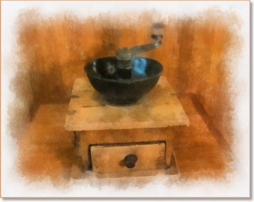 An aquarelle of an old coffee grinder.