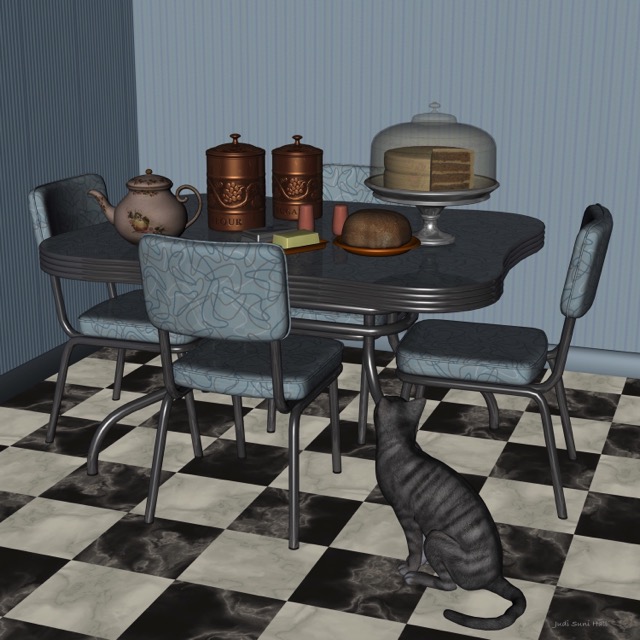 A 1950's farm kitchen. 3D art.