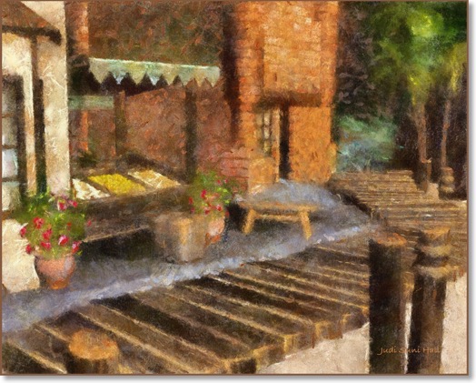 Boardwalk with fruit stall.