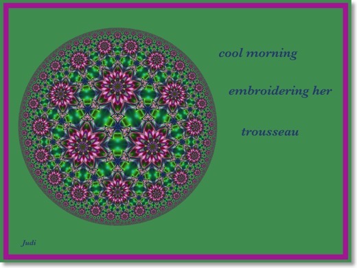 This haiga reads:</br>cool morning</br>embroidering her </br>trousseau
