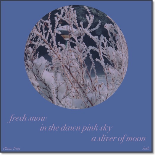 This haige reads:</br>fresh snow</br>in the dawn pink sky</br>a sliver of moon