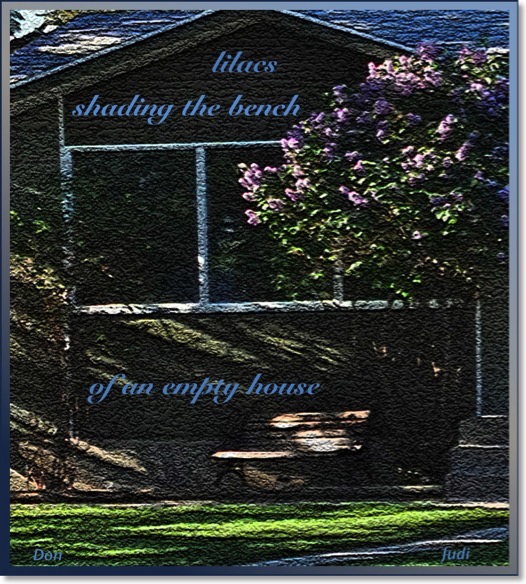 This haiga reads:</br>lilacs</br>shading the bench</br>of an empty house