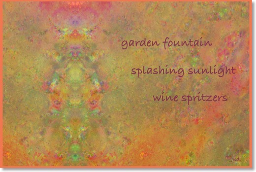 This haiga reads:</br>garden fountain</br>splashing sunlight</br>wine spritzers